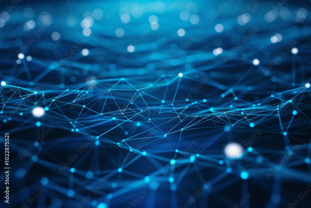 Poster the visual displays a vast array of interconnected lines and nodes illuminated in blue, illustrating