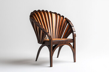 a fan back chair with a curved wooden backrest