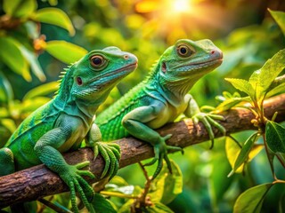 Fototapeta premium Vibrant Green Lizards Relaxing on Branches in a Lush Natural Habitat Under Bright Sunlight