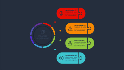 Strategy concept for infographic with 4 steps, options, parts or processes. Template for web on a black background.