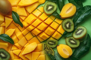 Vibrant and colorful fresh fruits arranged beautifully. Bright mango cubes and halved kiwi add a lively touch. A healthy and delicious treat for everyone. Generative AI