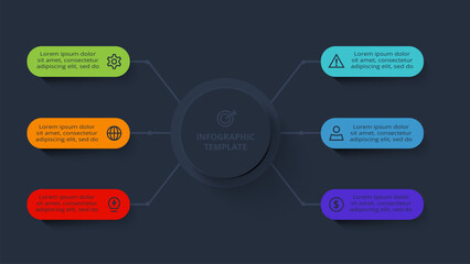 Strategy concept for infographic with 6 steps, options, parts or processes. Template for web on a black background.