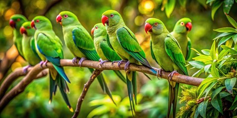 Vibrant Green Parakeets Perched on Branches in a Lush Tropical Environment Under Bright Sunlight