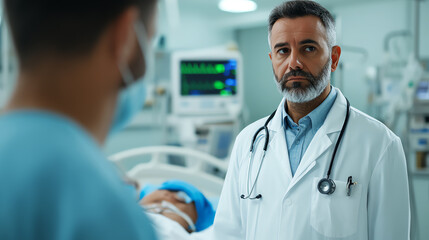 A healthcare professional in a medical environment, wearing a stethoscope and facing a patient, showcasing a serious and attentive demeanor, symbolizing care and expertise.