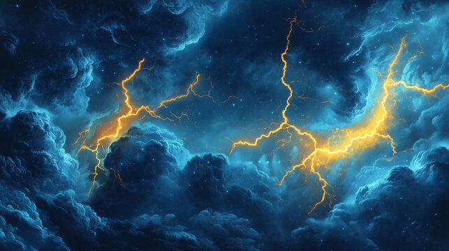 Dramatic Night Sky Lightning Bolts Electric Yellow Cracks in Dark Blue Storm Clouds