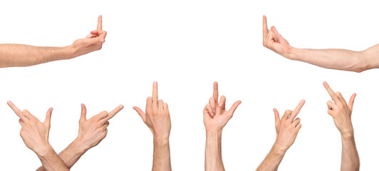 Male hands showing a gesture of fuck off from different angles, isolated on transparent background,...