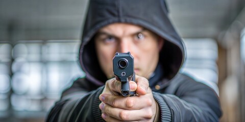 Robber with gun in low-key photo and selective focus, representing criminality.
