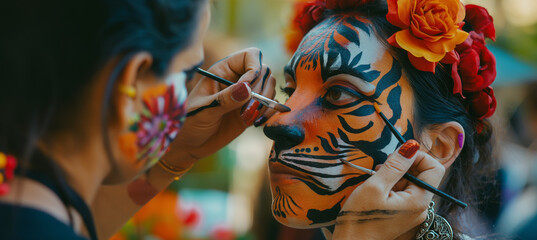 Woman is painting a tiger face on another woman's face