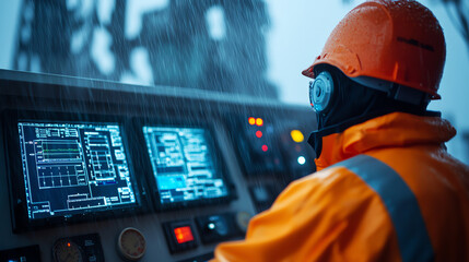 A worker in an orange safety suit operates machinery in a rainy environment. The focus is on the control panel displaying various readings, showcasing the industrial work setting.