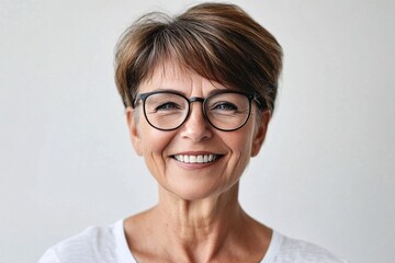 Fototapeta premium Close-Up Portrait of Smiling Senior Woman Wearing Eyeglasses Over White Background