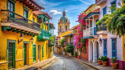 Vibrant Historic Architecture and Colorful Streets of Cartagena, Colombia Under Bright Blue Skies