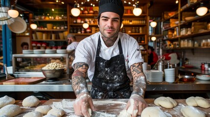 A skilled baker crafting fresh dough in a chic, contemporary bakery kitchen setting.
