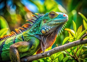 Obraz premium Vibrant Iguana Sunbathing on a Branch Amidst Lush Greenery in the Wilds of Florida's Ecosystem