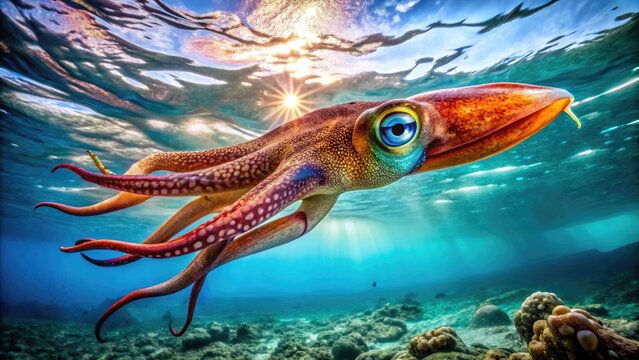 Vibrant Humboldt Squid Gliding Through Clear Ocean Waters, Showcasing Its Unique Colors and Patterns