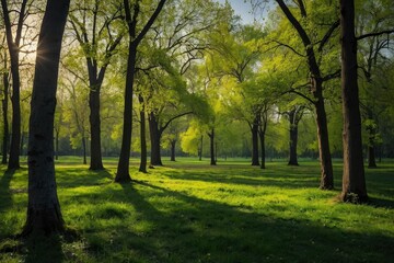 Naklejka premium Green park landscape showing deciduous trees with fresh green foliage at springtime and sunny day in panoramic view. Trees with fresh green leaves in the park