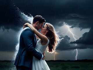 a couple in love with a cloud and a lightning bolt in the background.