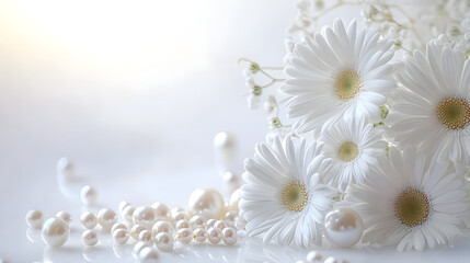 Fototapeta premium Pure white daisies and lustrous pearls on a pristine backdrop, space for text or image insertion