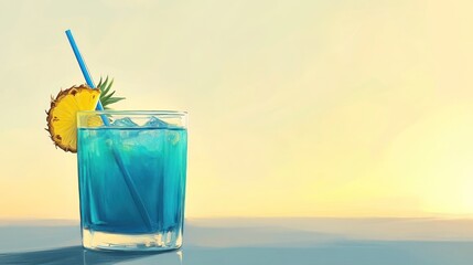 A refreshing blue cocktail with ice and a pineapple garnish, set against a serene background.