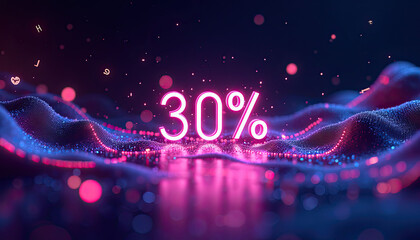 Glowing neon 30 percent sign with abstract numerical background
