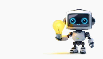 Small, cute, cartoon robot with a blue eyes and smile, holds a glowing yellow light bulb in his hand and looks at it, he has found the solution
