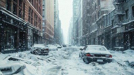 Snow-covered cars parked on a city street during a blizzard.