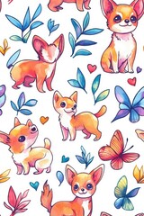 A watercolor seamless pattern of Chihuahuas, isolate on white background, featuring soft colors and flowing brushstrokes.