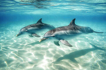 Fototapeta premium Two Dolphins Swimming in Clear Water 