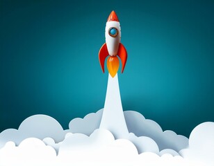 Start up of the space rocket. Rocket ship in flat design on white background. 