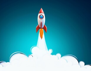 Start up of the space rocket. Rocket ship in flat design on white background. 