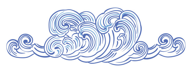 Flowing waves with swirls in blue tones on a white background. Japanese style concept, ocean waves wallpaper vector, blue line ocean wave ornament. Vector Palekh motifs.