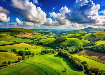 Obraz premium Vibrant Landscape with Rolling Green Hills Under a Bright Blue Sky and Fluffy White Clouds