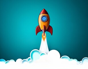 Start up of the space rocket. Rocket ship in flat design on white background. 