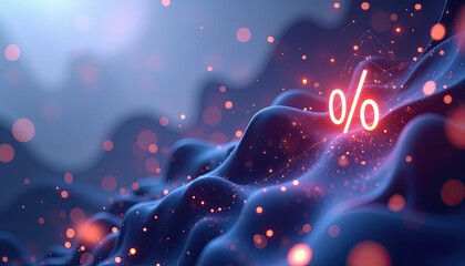 Glowing neon percentage sign on abstract wavy digital landscape