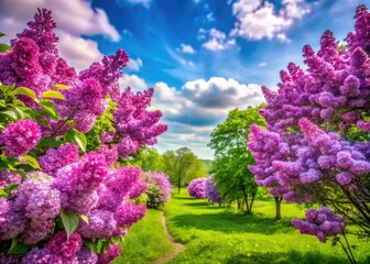 Vibrant Lilac Trees in Bloom Against a Clear Blue Sky in a Serene Spring Landscape Scene