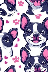 A flat style seamless pattern of Boston Terriers, isolate on white background, featuring various playful poses and expressions.