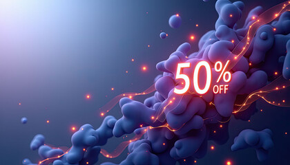 Glowing neon 50 percent sign with abstract numerical background