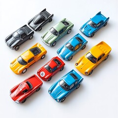 Naklejka premium A set of toy cars lined up on a white background, ready to race