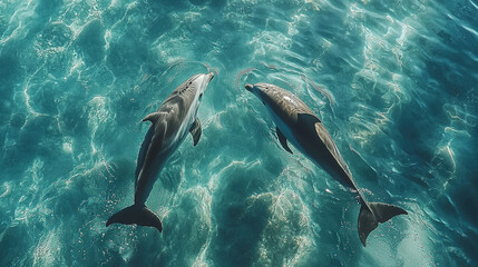 Obraz premium Two Dolphins Swimming in Clear Water 