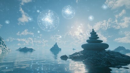 Create an immersive auditory experience that blends the tranquil flow of Zen meditation music with the vast, ethereal ambiance of outer space. 