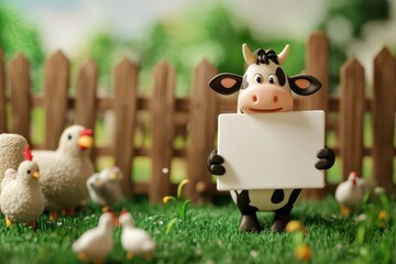 A cow is holding a white sign in front of a wooden fence