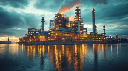 Obraz premium Industrial facility illuminated at dusk by water's edge.
