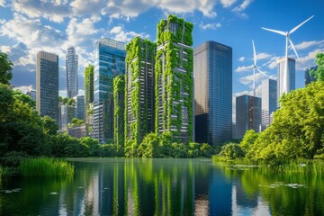 Fototapeta premium A futuristic cityscape with skyscrapers covered in greenery, surrounded by lush trees and water bodies,