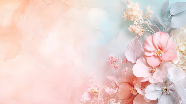 Delicate flower and floral arrangement against pastel watercolor background for wedding invitation design
