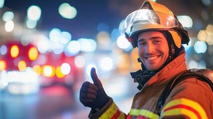 Firefighter smiling at night with thumbs up, emergency scene