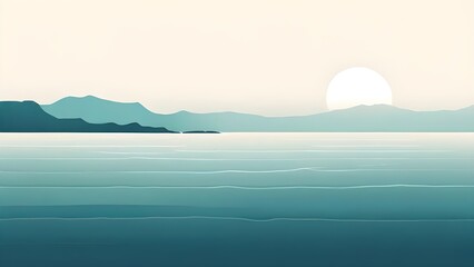 Obraz premium minimalist seascape with a smooth, horizontal line dividing the sky and water, using simple geometric waves and soft, desaturated blues and green