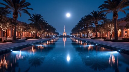 Serene Nighttime Courtyard with Reflective Pool and Full Moon
