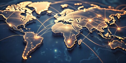 Close-up of a world map with glowing lines linking major financial centers






