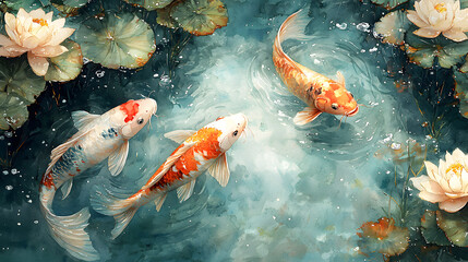 Serene Koi Fish Swimming in Watercolor Pond