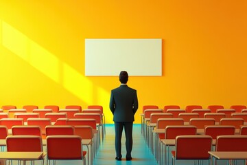 A man stands in front of a white board in a classroom