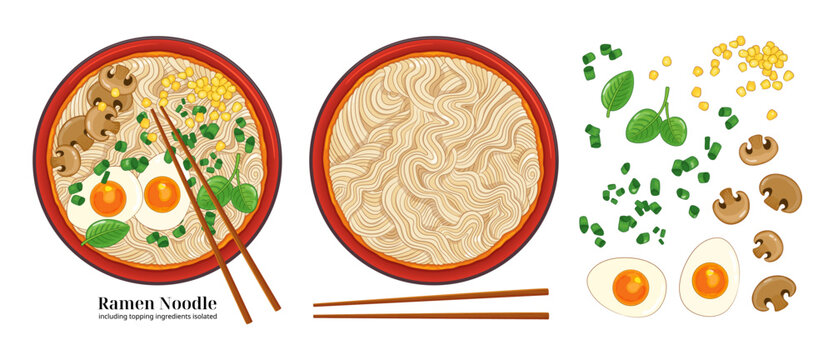 Ramen noodles Japanese or Korean traditional food. Bowl of ramen soup with chopsticks top view vector illustration. Asian noodles, eggs, mushrooms, corn, onion, basil leaves. Oriental dish isolated.